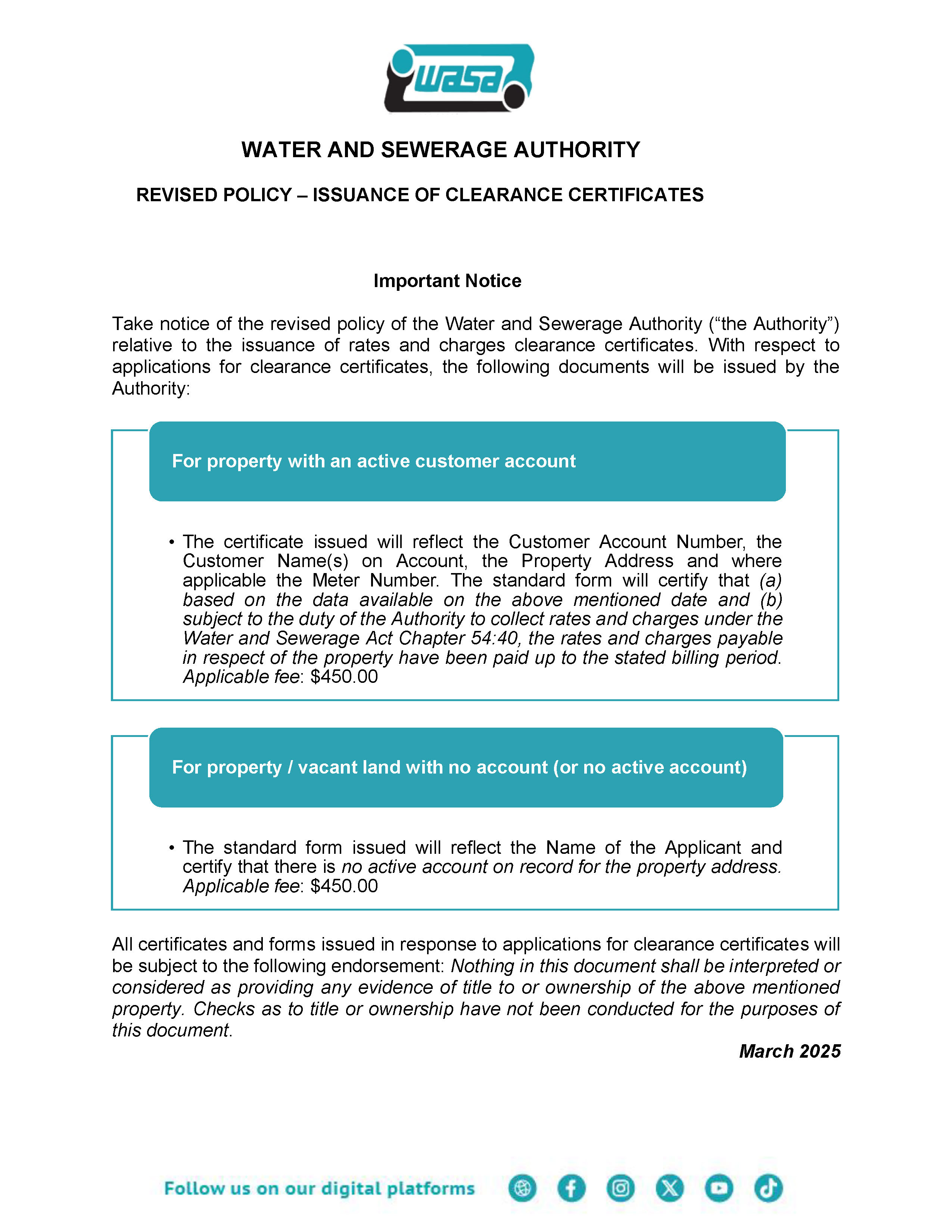 Notice-Revised Policy-Clearance Certificates